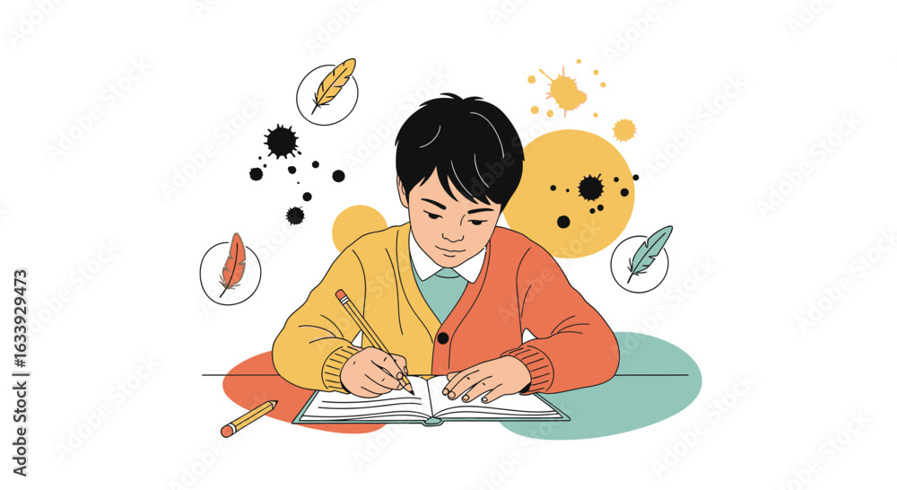 Young Student Concentrated on Writing Creative Ideas on Book Illustration Young Student Concentrated on Writing Creative Ideas on Book Illustration