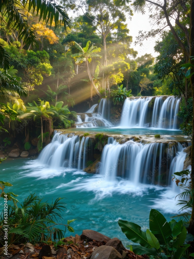 Obraz premium Cascading waterfalls lush jungle scenic photography tropical paradise natural beauty tranquil atmosphere