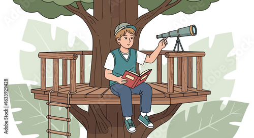 Young Explorer Reading And Observing In His Charming Tree House Hideaway