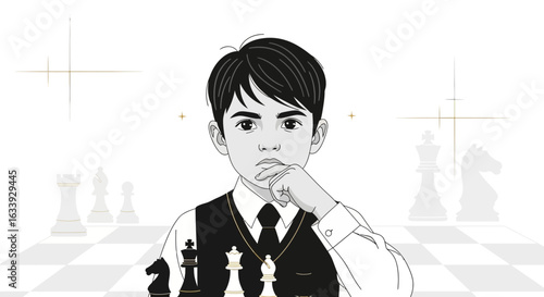 Young Strategist Deep In Thought During An Intense Chess Game Illustration