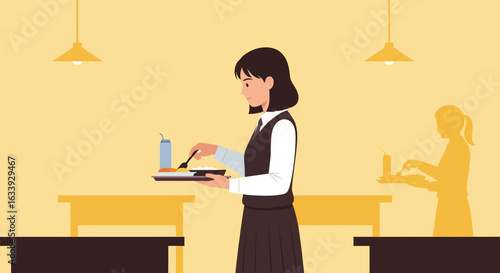 Young Student Carrying Food Tray In Canteen Restaurant Vector Illustration