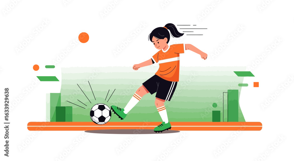 Fototapeta premium Young Female Athlete Kicking A Soccer Ball With Energy And Determination