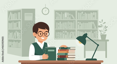 Young Student Enjoys Reading Books At The Library Under Warm Lamp Light