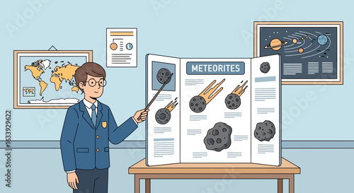 Young Student Explaining Meteorites In Science Class Presentation For Education
