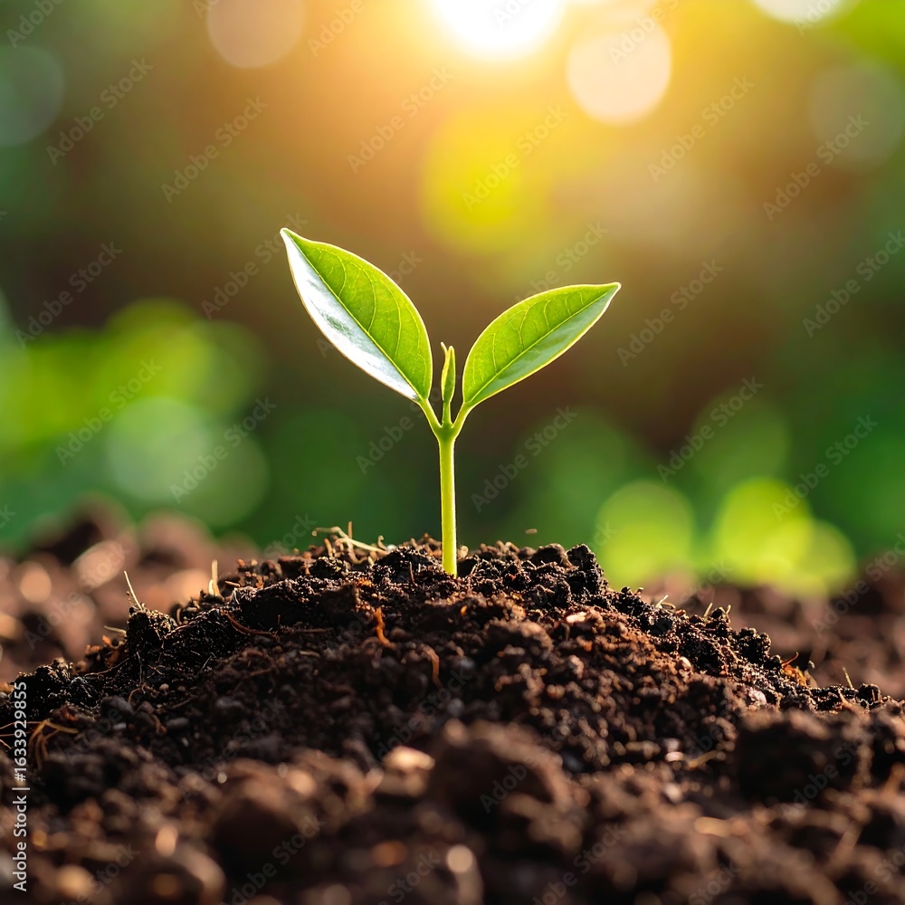Fototapeta premium A young sprout emerges from dark soil, backlit by warm sunlight and a blurred green background
