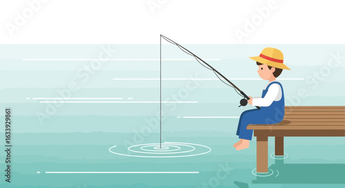 Young Fisherman Enjoying A Peaceful Day On The Dock By The Lake