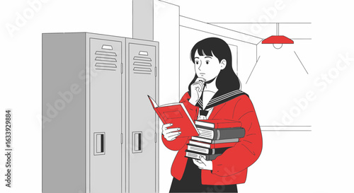 Young Student Reading Book In Hallway Near Lockers And Thinking About School