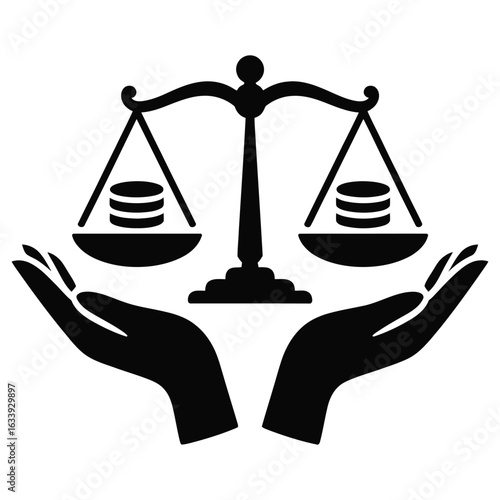 Black balance scales with coins held by hands justice