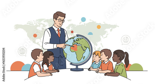 Young Students Exploring Geography With Teacher Using A Globe Model