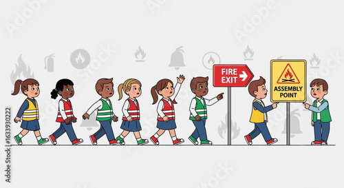 Young Students Practicing Fire Drill Safety Procedures Towards Evacuation Route