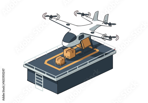 An electric vertical takeoff and landing (eVTOL) drone delivers packages from a landing platform. Modern, isometric illustration for logistics and delivery concepts.