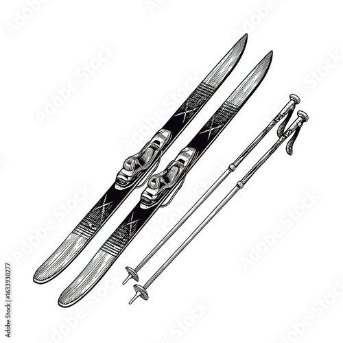 Vintage Skis and Poles Hand-Drawn Illustration of