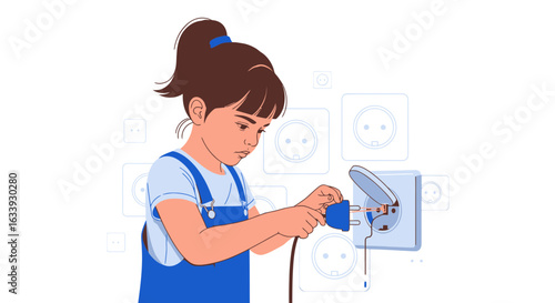 Young Girl Inserts Electric Plug Into Outlet Safety Education Concept