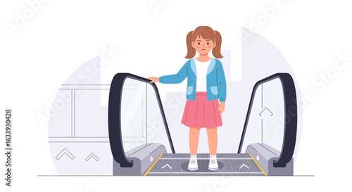 Young Girl Riding An Escalator In A Modern Building Environment Illustration