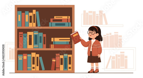 Young Girl Selecting A Book From A Bookshelf In A Cozy Minimalist Setting