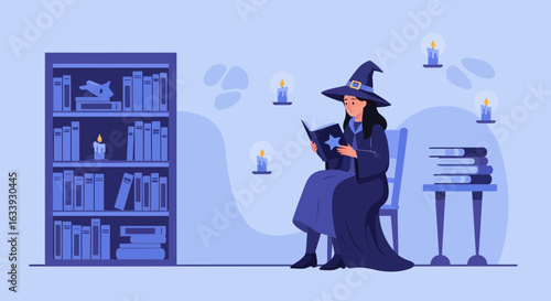 Young Witch Reading A Magic Spellbook In Cozy Room Illustration