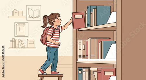Young Girl Selecting A Book From A High Shelf In The Library