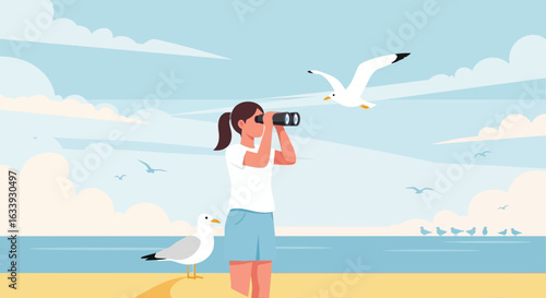 Young Girl Watching Seagulls Through Binoculars At Ocean Beach Scenery