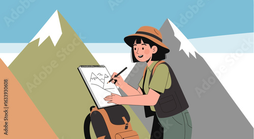 Young Woman Captures Majestic Mountain Views Through Landscape Sketching