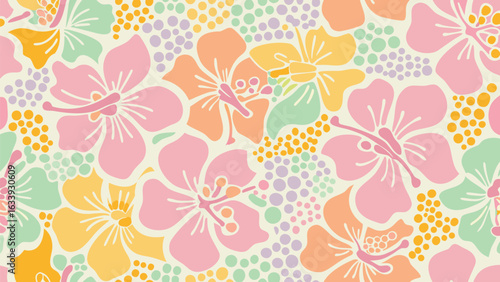 Pastel hibiscus floral pattern with pink orange yellow and green flowers on a cream colored background