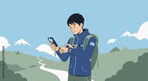 Young Hiker Checks His Smartwatch On Trail Through Mountainous Scenery