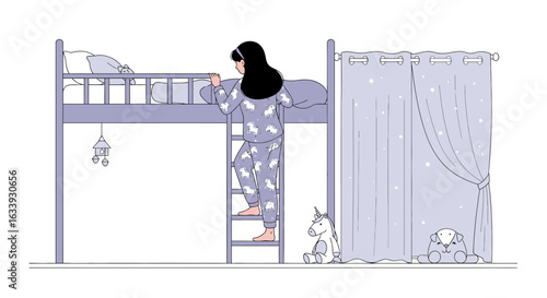 Young Woman Climbing Into Bunk Bed With Toys in Bedroom At Night