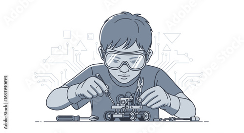Young Innovator Building Robotics Project with Precision and Safety Gears