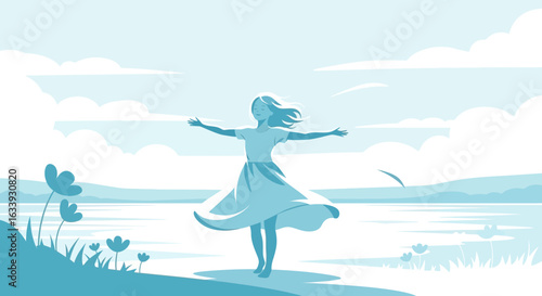 Young Woman Embracing Freedom On A Serene Lakeside Landscape