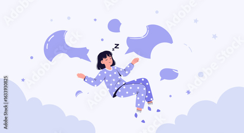 Young Woman Dreaming Floating Among Stars Surrounded By Abstract Shapes