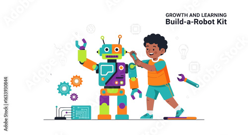 Young Inventor Assembling Robot With Colorful Pieces And Tools In Workshop