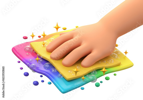 Isolated 3D Hand Wiping with Colorful Sponge and Bubbles for Cleaning Concept