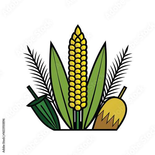 Corn Ear Emblem with Leaves — Color Vector Illustration