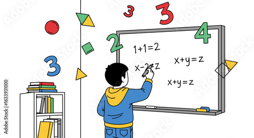 Young Learner Solving Math Problems on Whiteboard Illustration For Education Concept