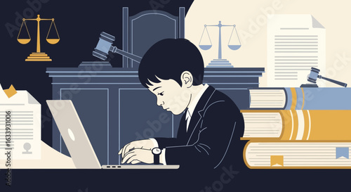 Young Legal Professional Working Diligently With Law Books and Gavel Illustration