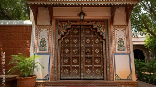 Elaborate Wooden Doorway with Intricate Carvings and Decorative Elements Featuring Cultural Architecture and Traditional Design in India