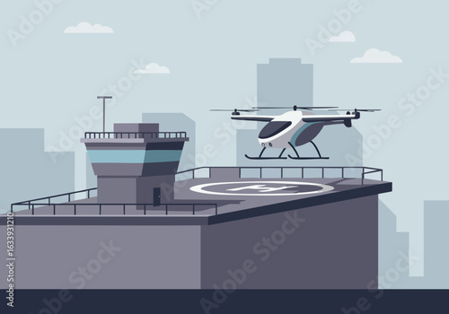 A modern drone hovers over a helipad atop a building, set against a city skyline. Clean, professional illustration.