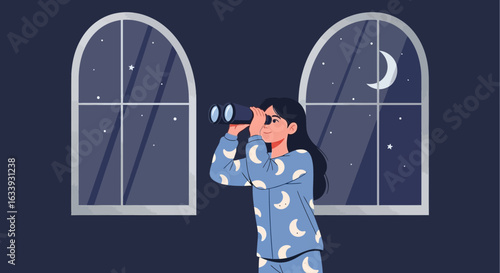 Young Woman Gazing At Stars With Binoculars In Night Pajamas