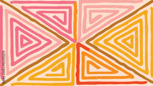 Abstract pattern featuring six triangle designs radiating from a central point with soft colors