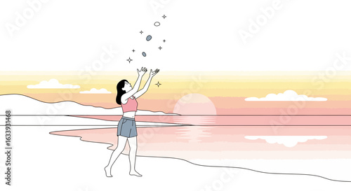 Young Woman Joyfully Tossing Sparkling Objects On Beach At Sunset Creating Magic