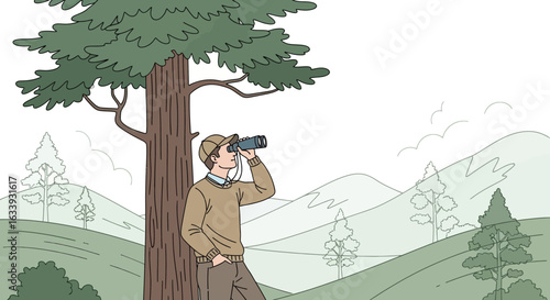 Young Man Exploring Nature With Binoculars During A Sunny Day Landscape