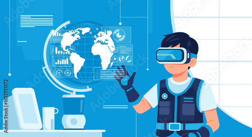 Young Man Interacting With Virtual Reality Technology For Global Business