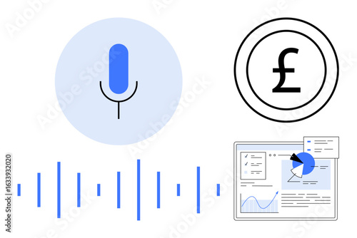 Microphone, soundwave lines, British pound sign, and data dashboard represent voice recognition, audio analysis, financial tracking, and business data visualization. Ideal for AI, finance tech