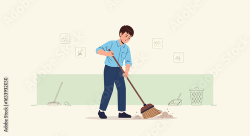 Young Man Sweeping Floor Illustration For Website Or Print Media Projects