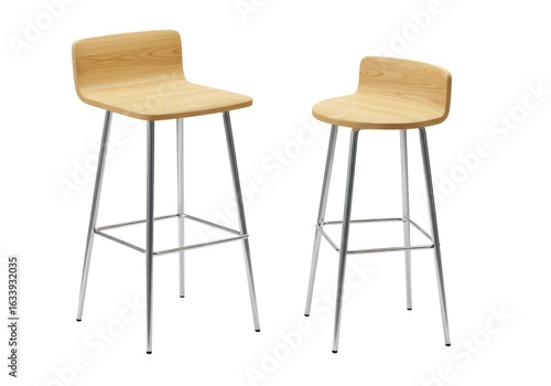 Isolated Modern Bar Stools in Wood and Chrome
