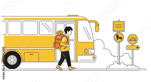 Young Man Traveling By Bus In A Minimalist And Modern Line Art Style