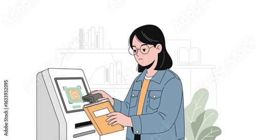 Young Woman Scanning Books at Automated Library Station Technology Concept