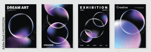Modern gradient poster on dark background vector set. Cover template with vibrant bubble different. Modern Design for wall art, flyers, brochures, covers and web banners. 