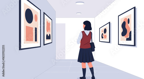 Young Woman Viewing Modern Artworks In Contemporary Gallery Hall