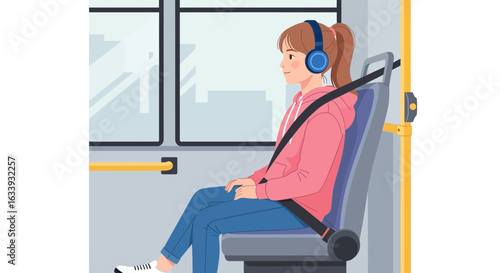 Young Woman Traveling Safely by Bus Wearing Headphones and Seatbelt