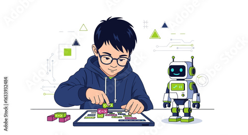 Youngster Learning Robot Coding Skill With Blocks On Tablet Device Interface